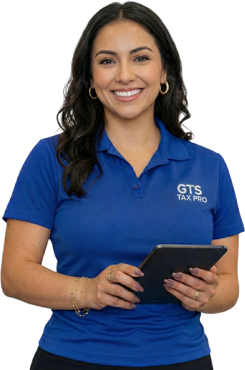 Woman in a GTS Tax Pro polo holding a tablet