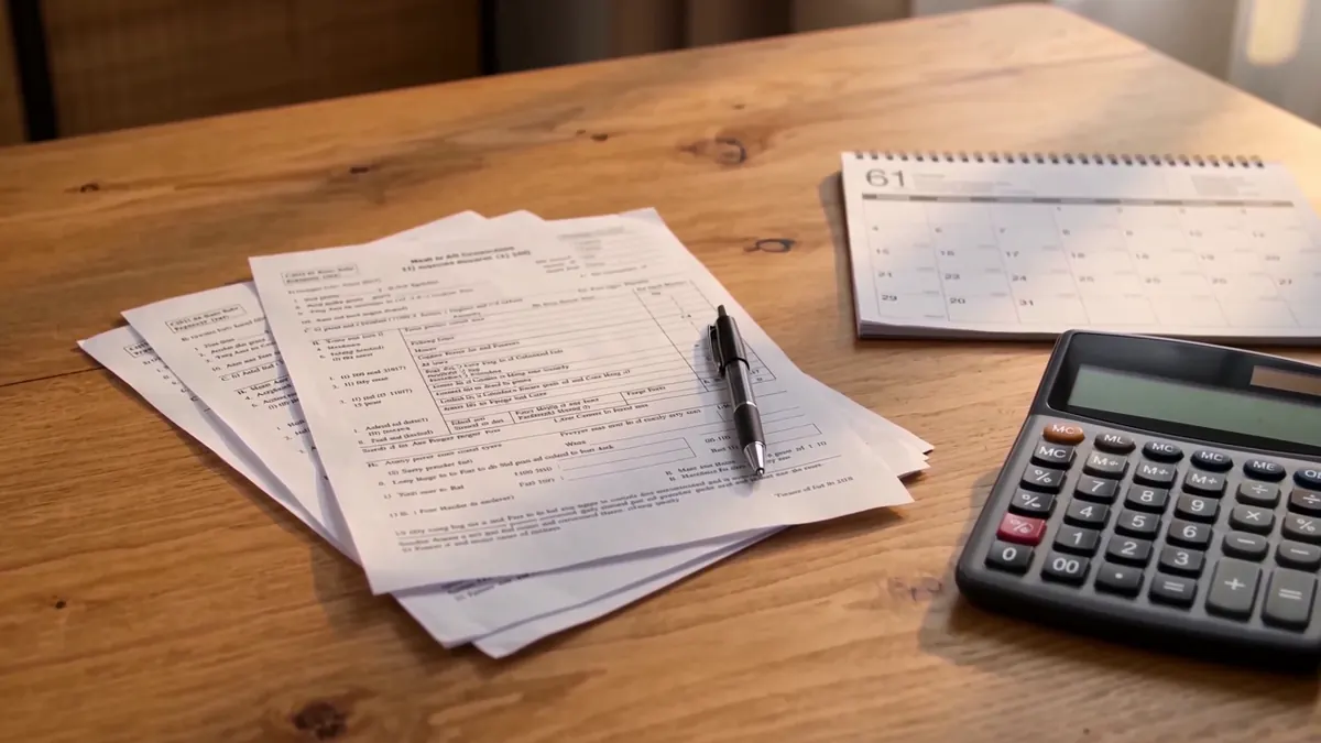 Tax forms, a pen, a calculator and a desk calendar on a wooden table