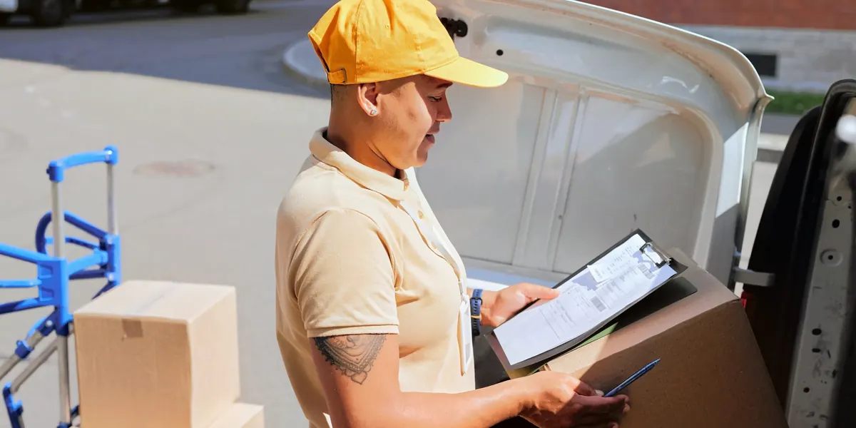 A delivery driver checking a clipboard next to his van and packages